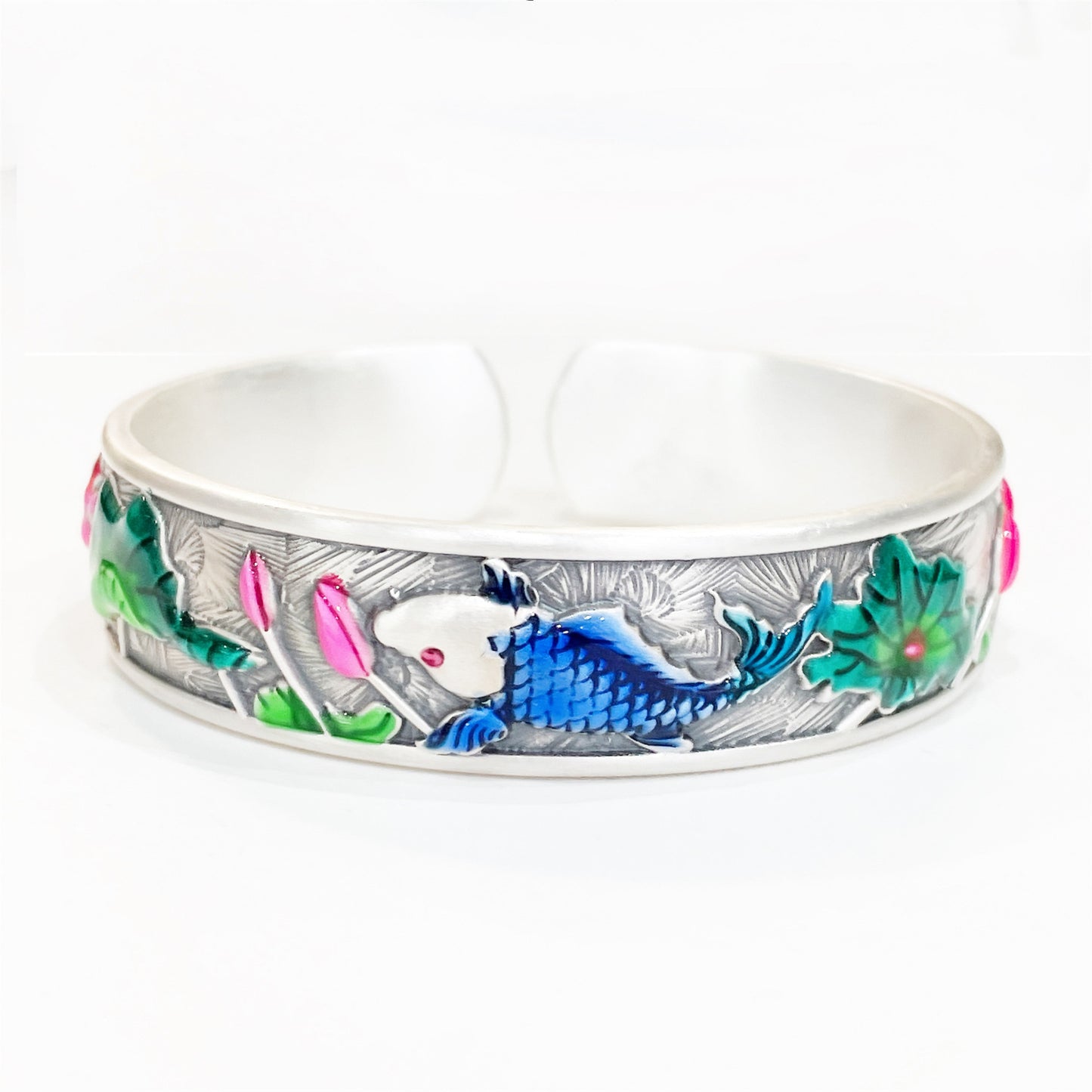 Pulsera de plata de ley con loto y carpa de estilo étnico