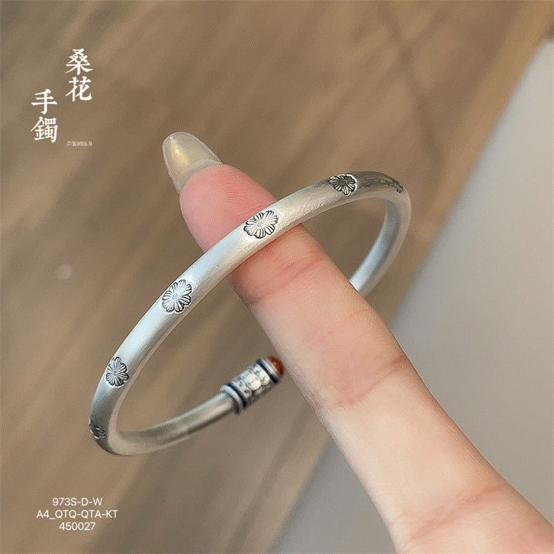 Chinese enamel pattern round stick sterling silver bracelet