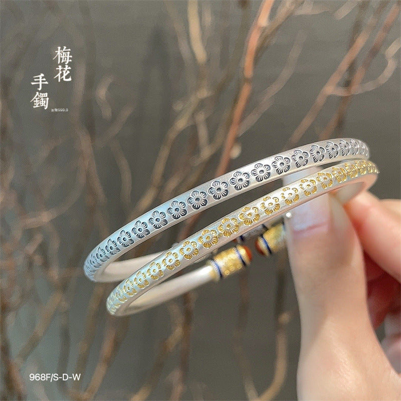Chinese enamel pattern round stick sterling silver bracelet