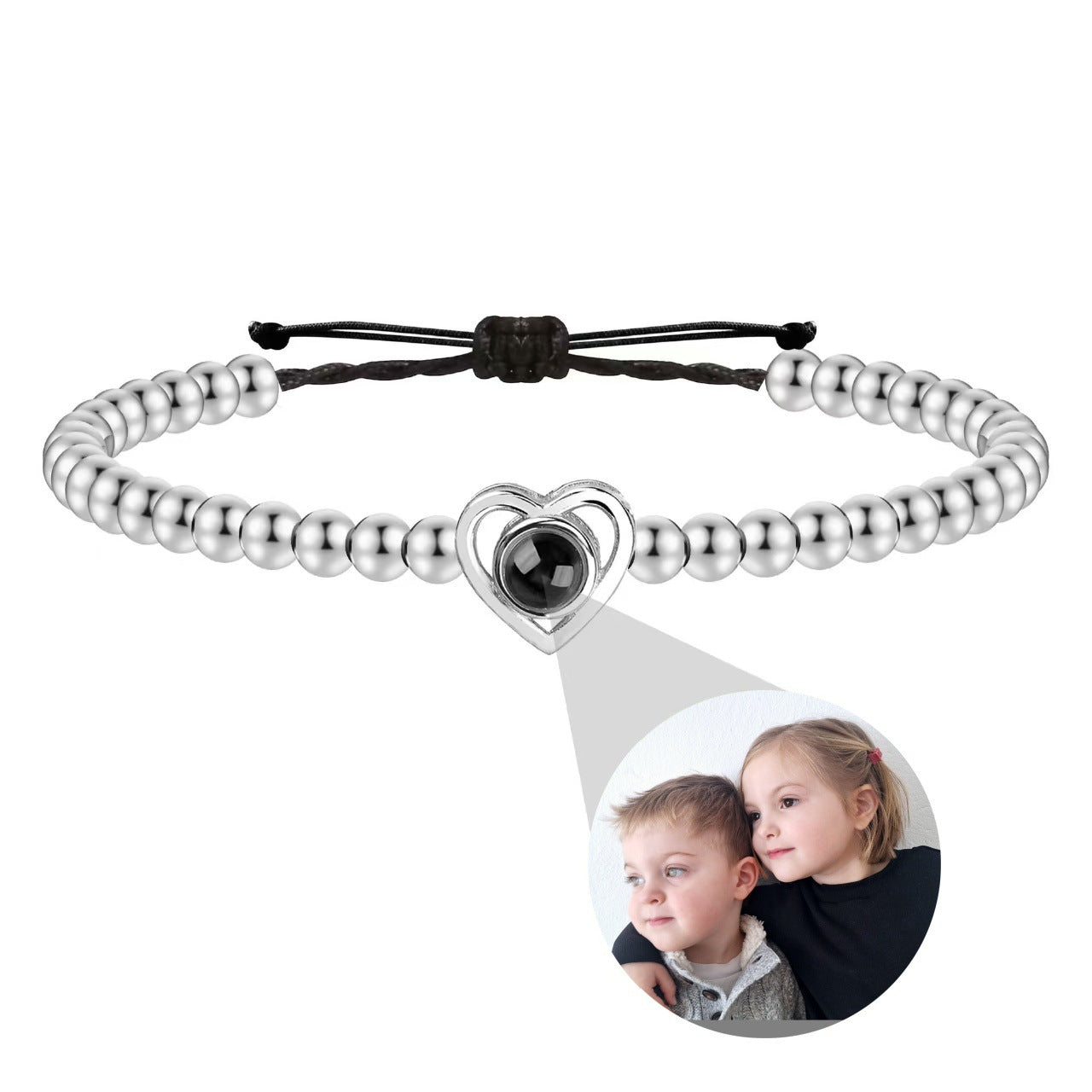 Pulsera de cuentas con foto y proyección de corazón de amor tejida