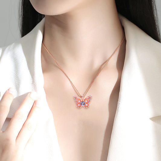 Photo projection colored diamond butterfly necklace