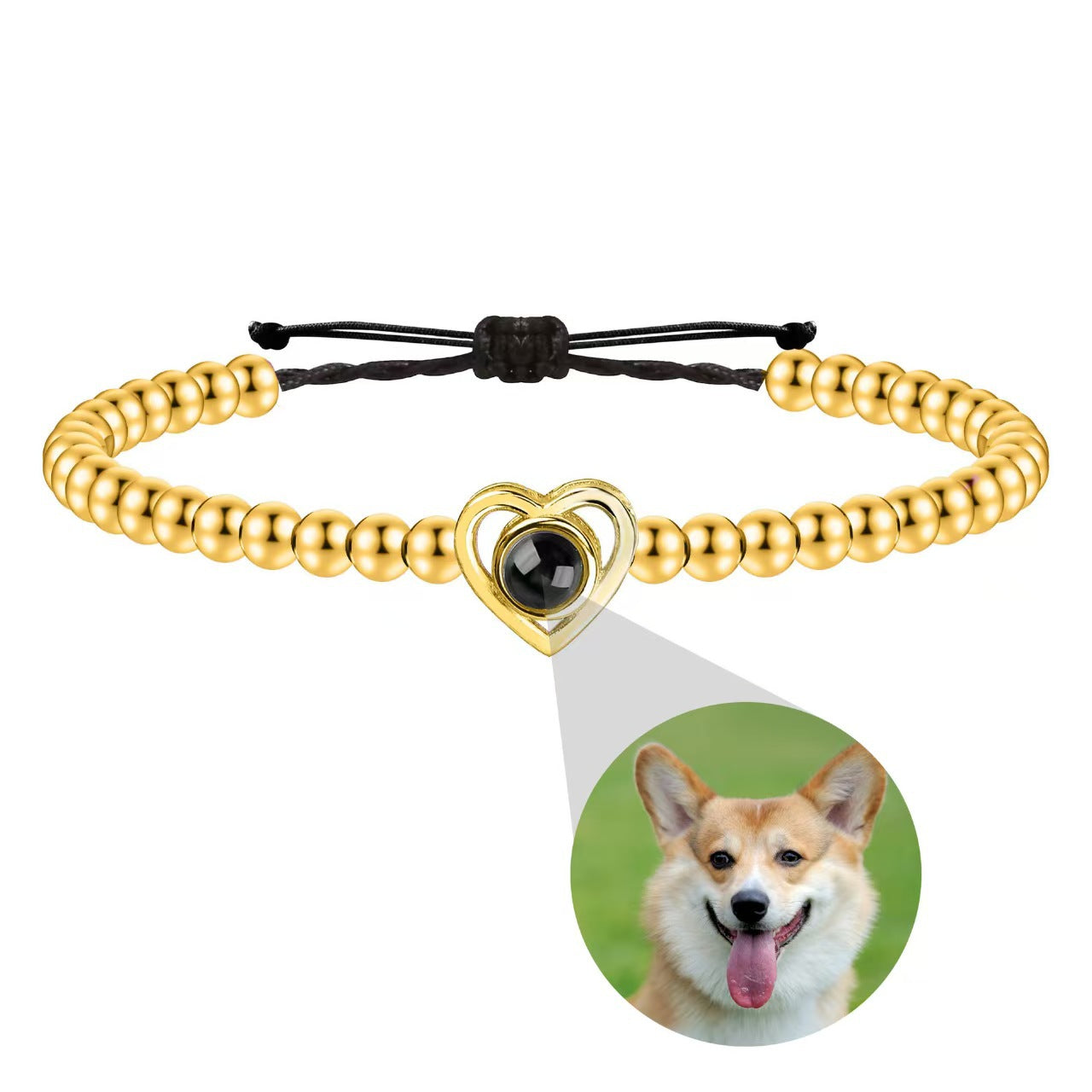 Pulsera de cuentas con foto y proyección de corazón de amor tejida