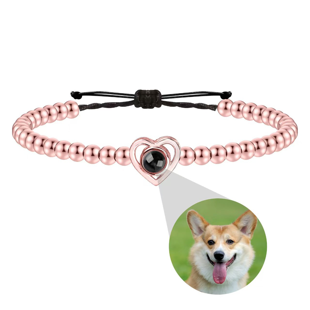 Pulsera de cuentas con foto y proyección de corazón de amor tejida