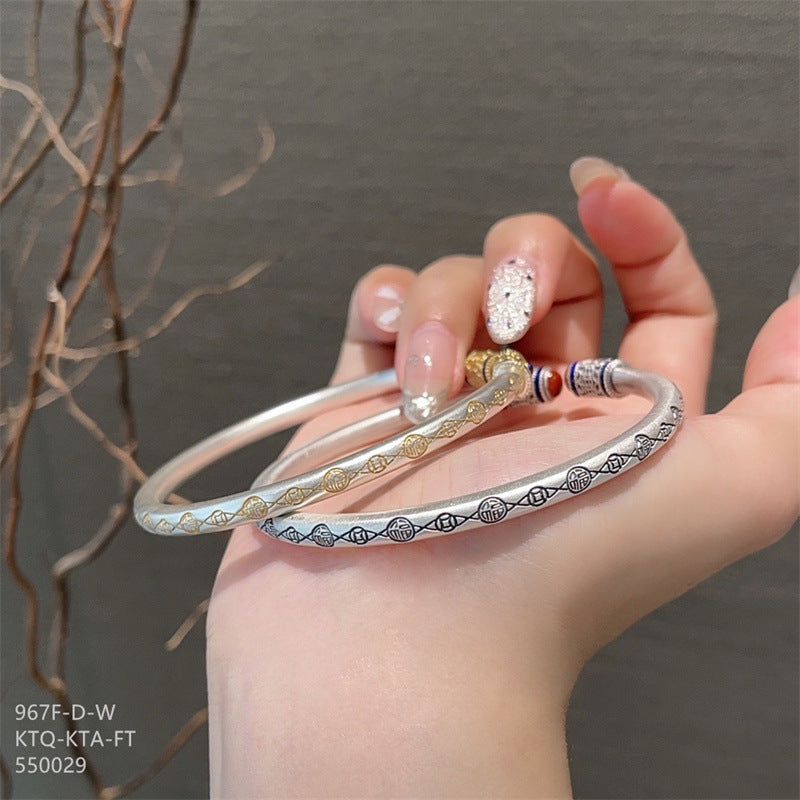 Chinese enamel pattern round stick sterling silver bracelet