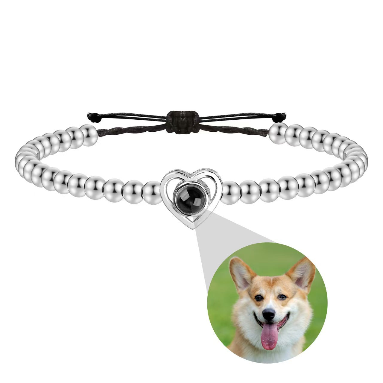 Pulsera de cuentas con foto y proyección de corazón de amor tejida
