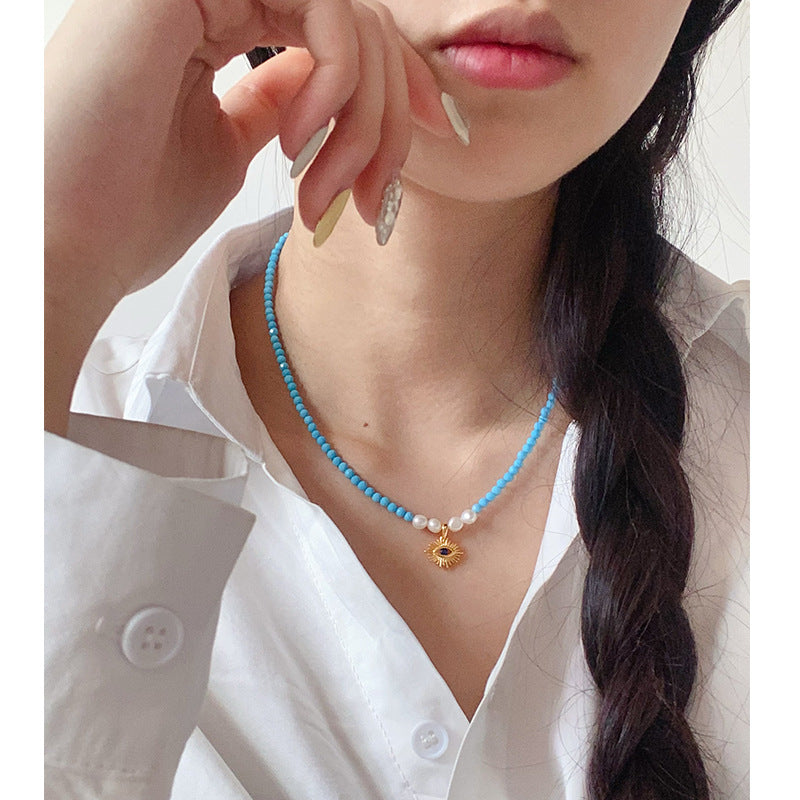 Ladies Vintage Evil Eye Natural Stone Pearl Necklace