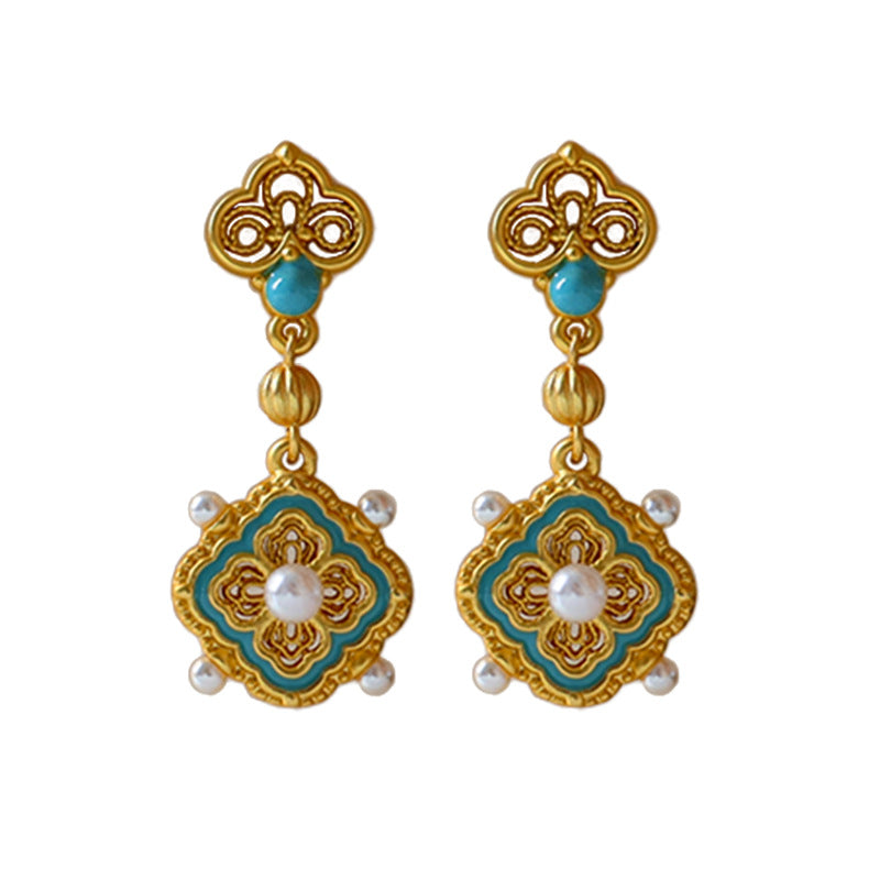 Pendientes de perlas de trébol de cuatro hojas de estilo antiguo chino de alta gama