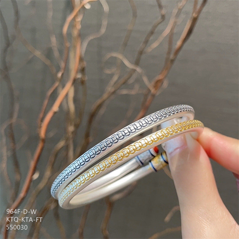 Chinese enamel pattern round stick sterling silver bracelet