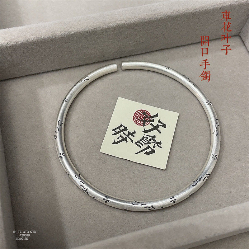 Nueva pulsera de plata de ley con forma de palo redondo con hojas y flores de coche antiguo de estilo chino