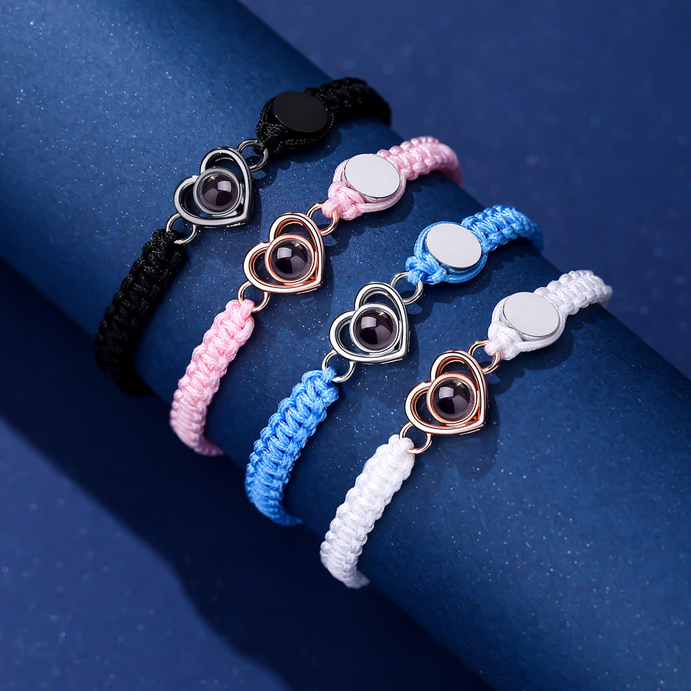Color photo projection heart engraved braided rope bracelet
