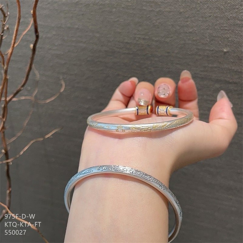 Chinese enamel pattern round stick sterling silver bracelet