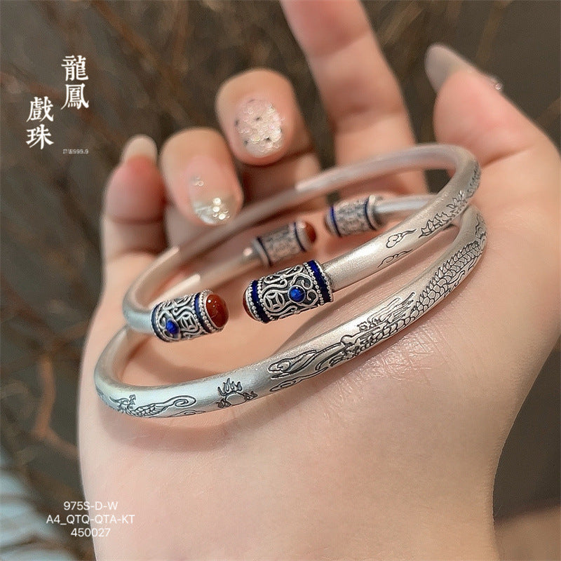 Chinese enamel pattern round stick sterling silver bracelet