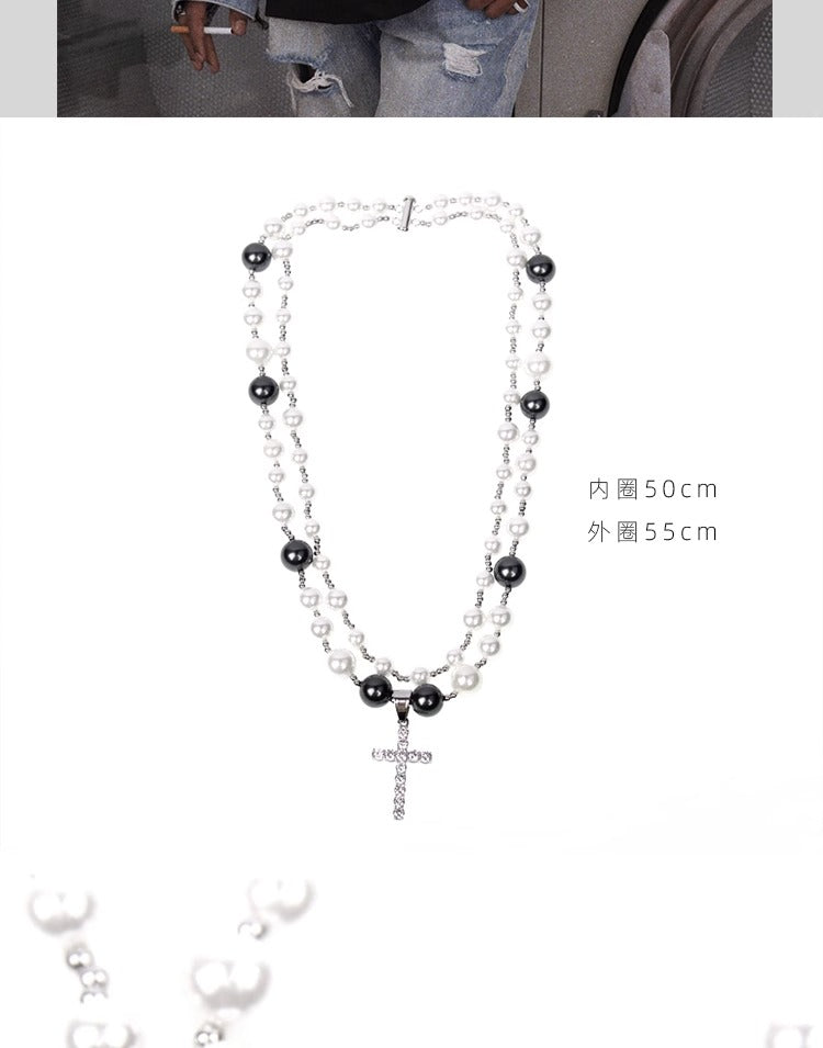 Cadena de hip hop con colgante de cruz de perla;