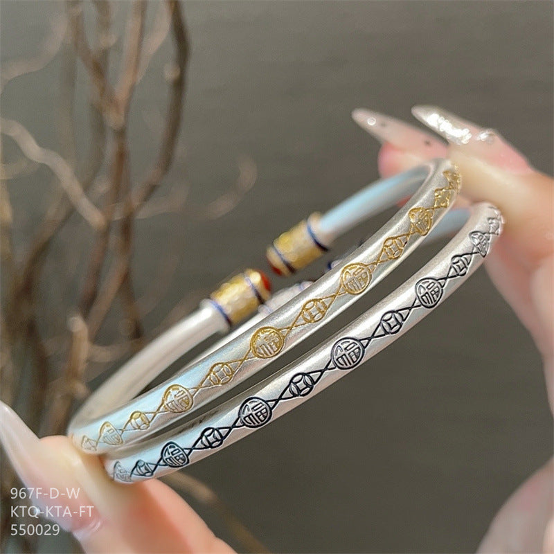 Chinese enamel pattern round stick sterling silver bracelet