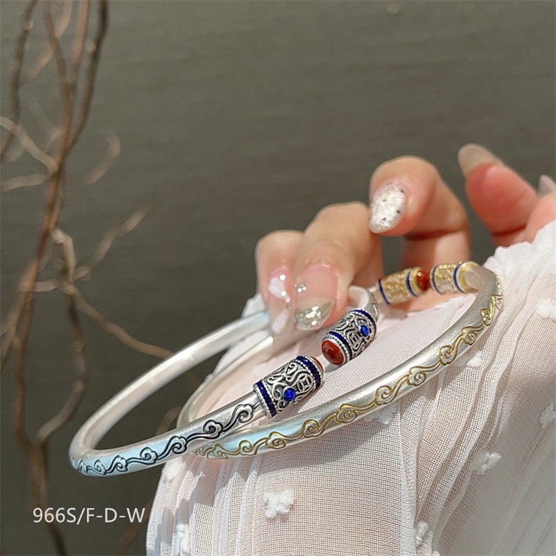 Chinese enamel pattern round stick sterling silver bracelet