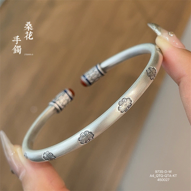 Chinese enamel pattern round stick sterling silver bracelet