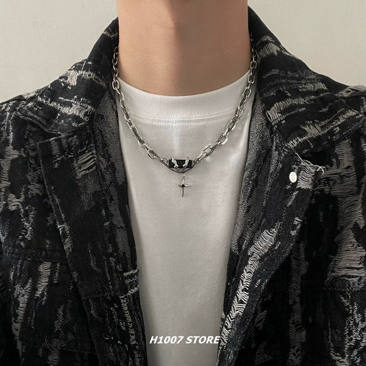 Hip Hop Black Gem Double Layer Clavicle Chain Necklace