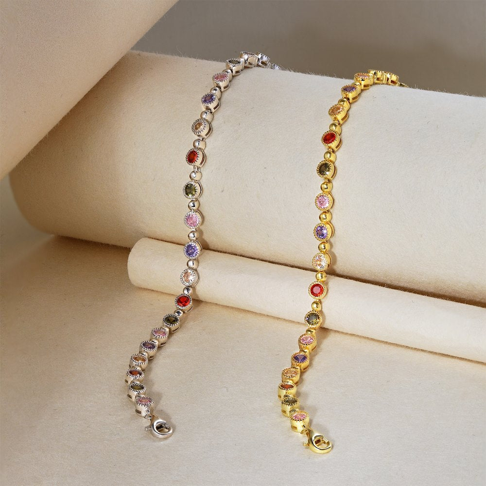 Pulsera de tenis con cadena de cuentas redondas de circonitas de colores de alta calidad