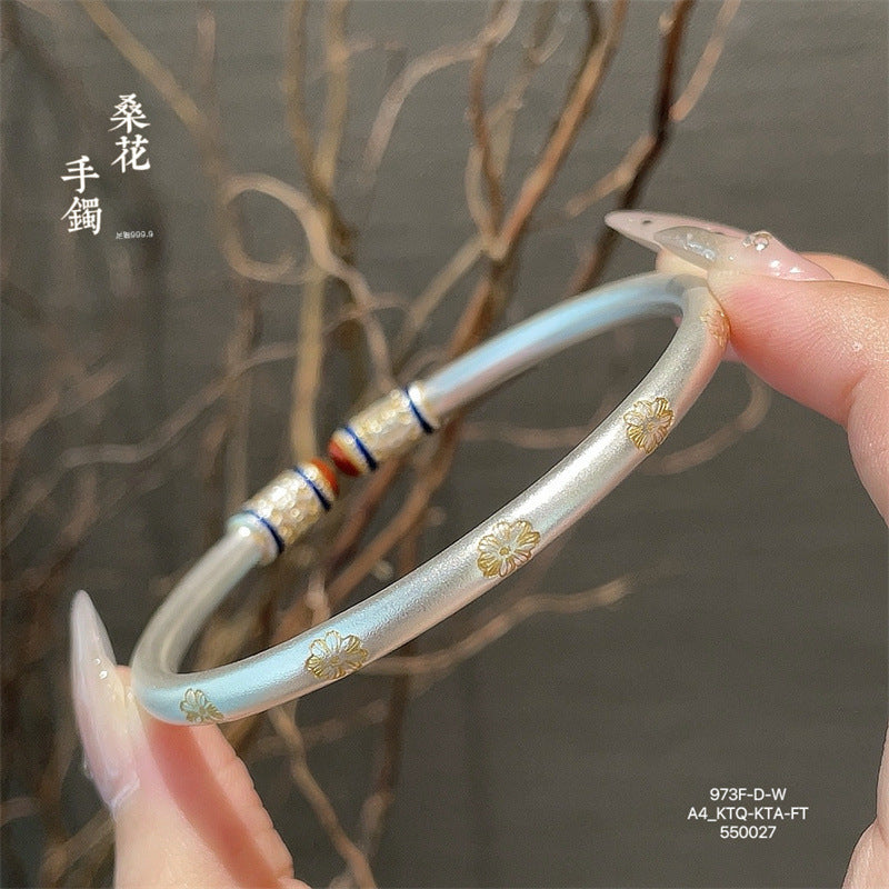 Chinese enamel pattern round stick sterling silver bracelet