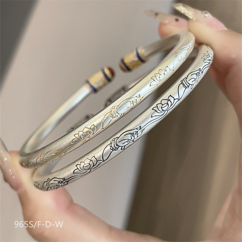 Chinese enamel pattern round stick sterling silver bracelet