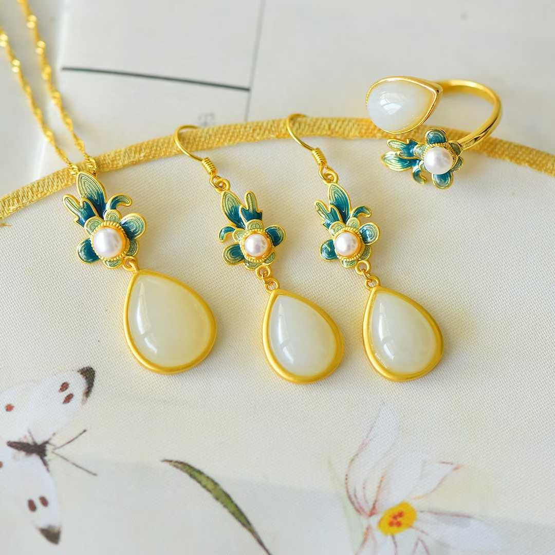 Vintage-Style Silver Inlaid Hetian Nephrite "Lush Orchid" Teardrop Jewelry Set