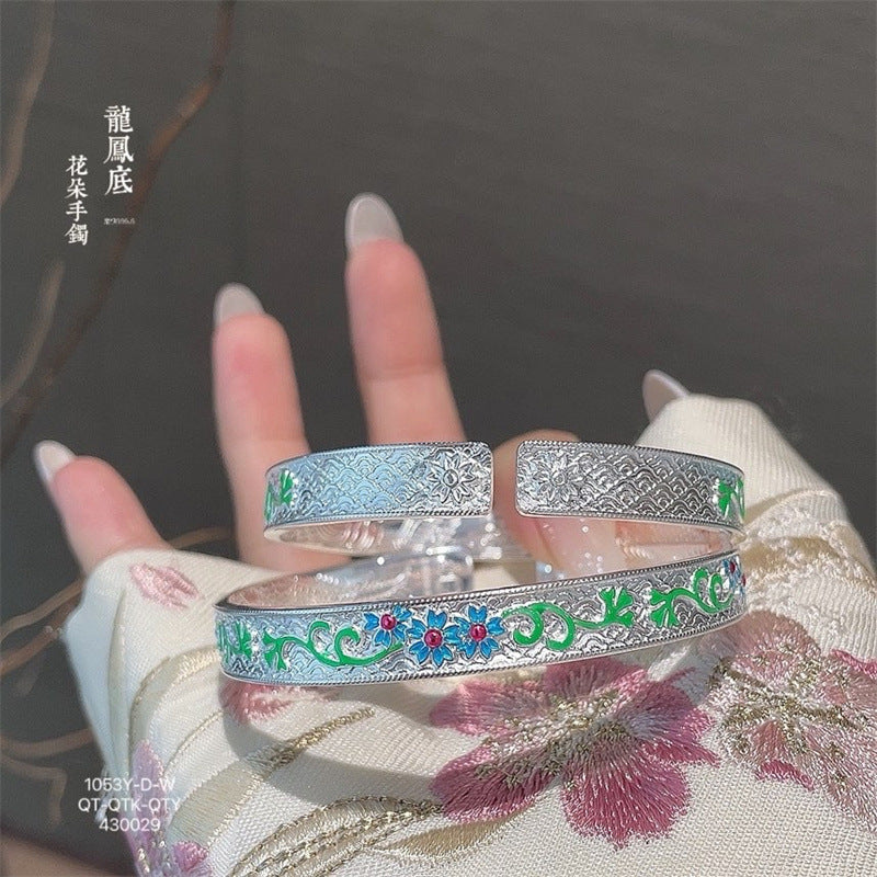 Pulsera de plata de ley esmaltada con mariposa, flor, dragón y fénix