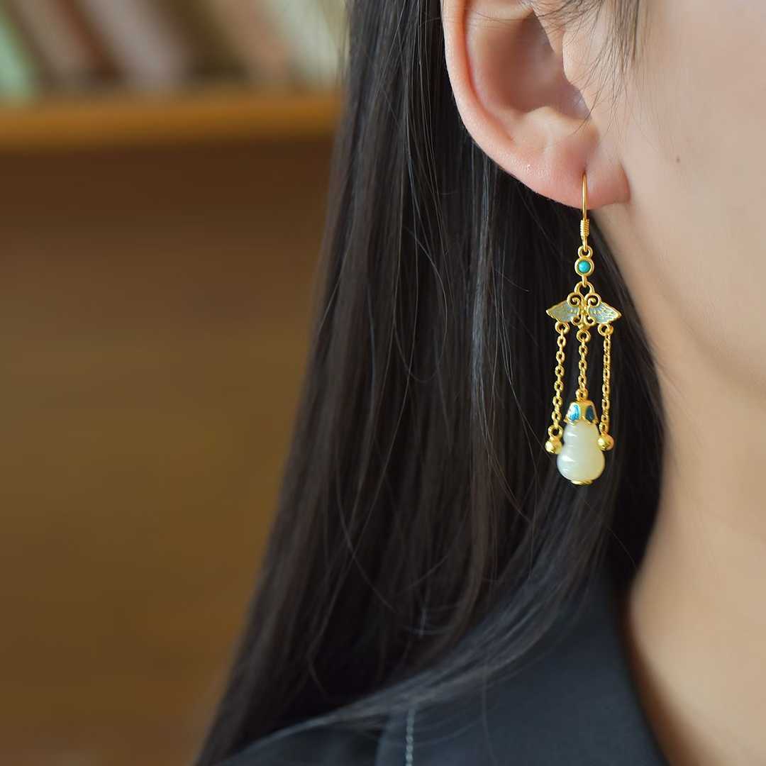 925 Silver Inlaid Nephrite "Blessings, Prosperity & Health" Tassel Earrings