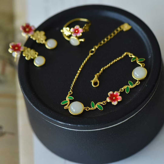 S925 Silver Inlaid Hetian Nephrite "Blossoming Peach Flowers" Minimalist Elegance Jewelry Set