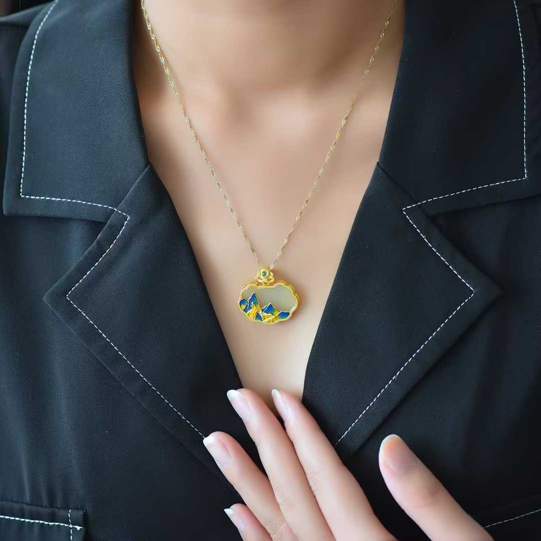 925 Silver-Inlaid Hetian Jade Pendant with "Wanshui Qianshan" (Endless Mountains and Rivers) & "Ruyi Lock" Design