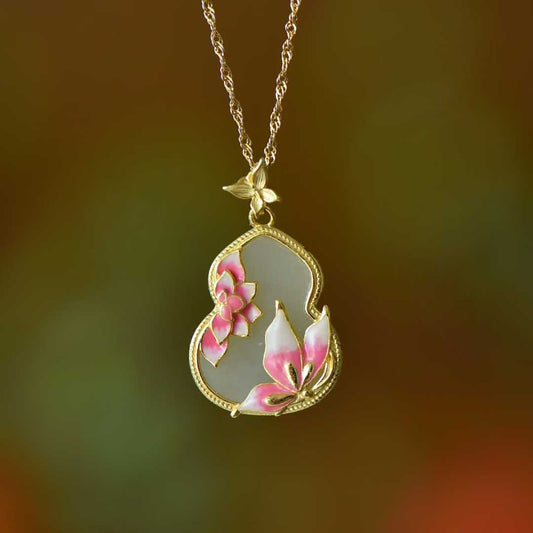 S925 Silver Inlaid Hetian Nephrite "Flat Gourd & Butterfly-on-Flower" Minimalist Elegance Jewelry Set