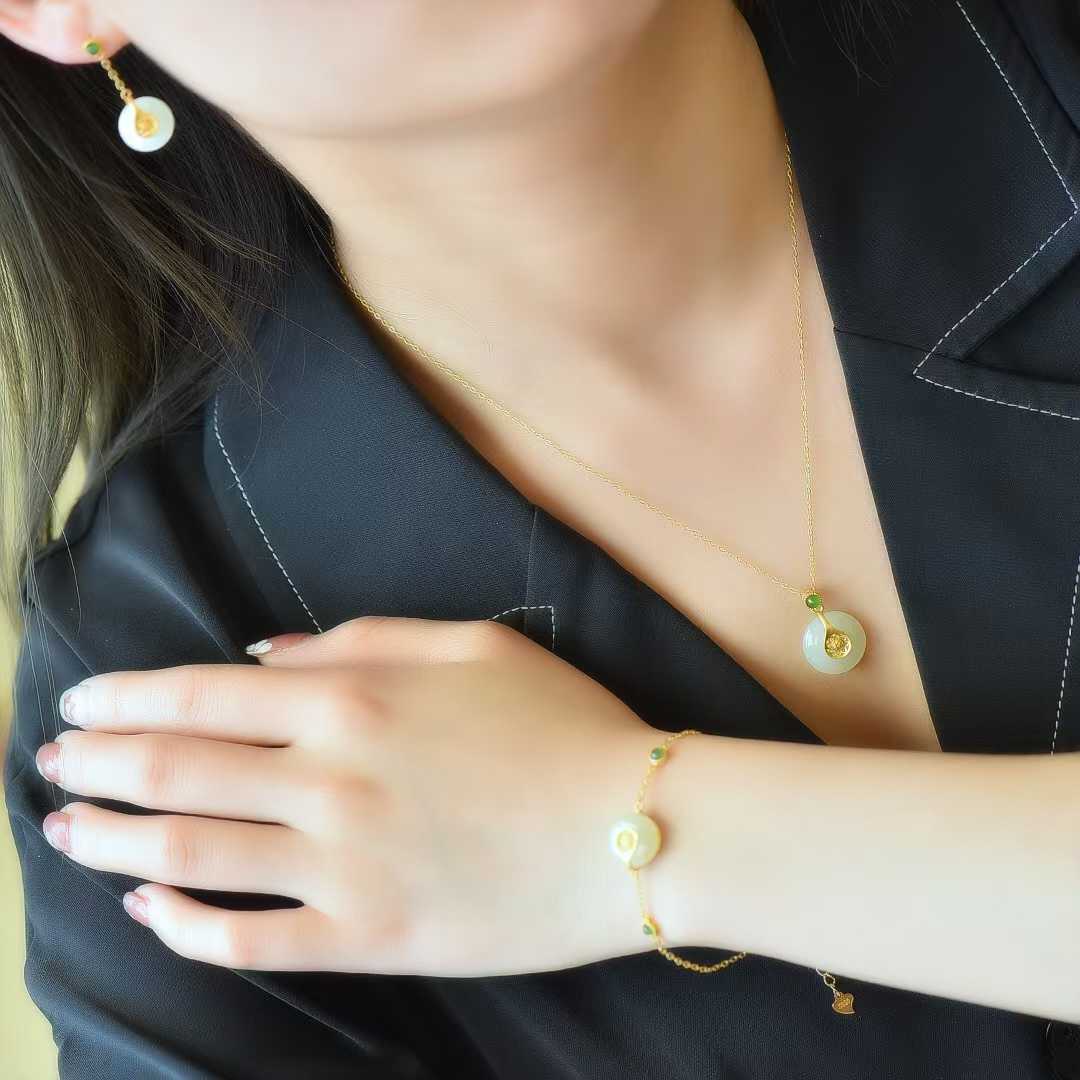 Traditional Silver-Inlaid Hetian Jade "Ping'an Kou" Three-Piece Set