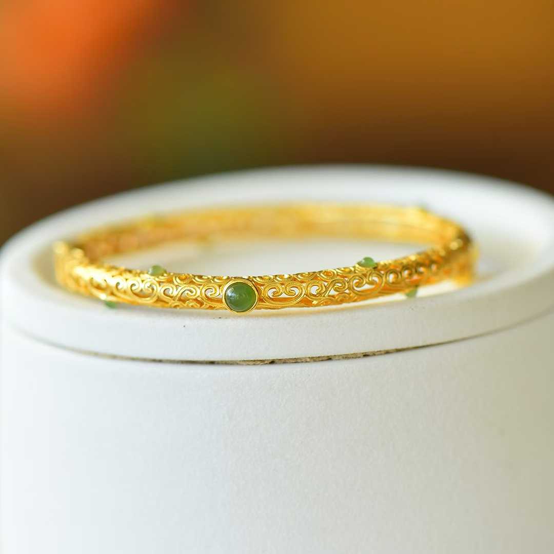 925 Silver Inlaid Hetian Jadeite (Jasper) "Cabochon & All Wishes Come True" Hollowed-Out Bracelet