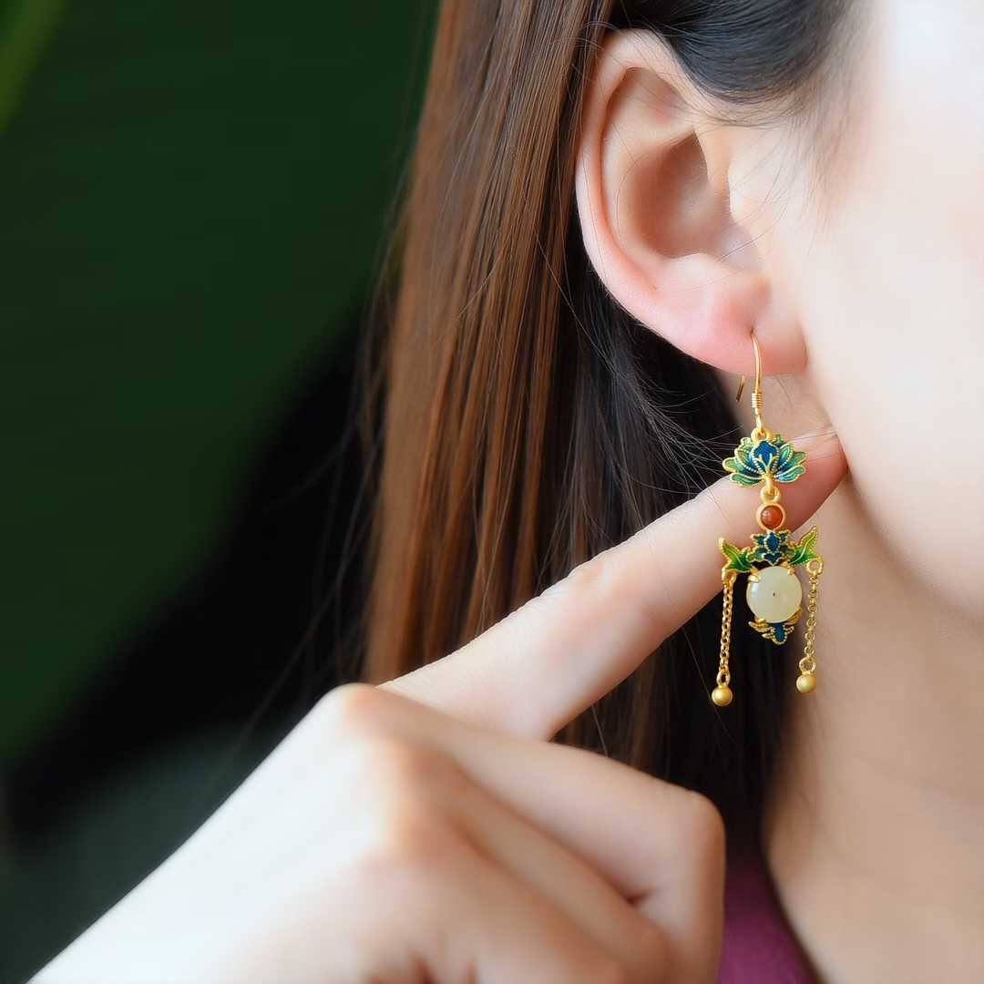 925 Silver Inlaid Nephrite Ping'an Buckle Enamel Earrings