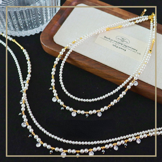 Exquisite Vintage Zirconia Pearl Beaded Stacking Necklace - jewelryweilin