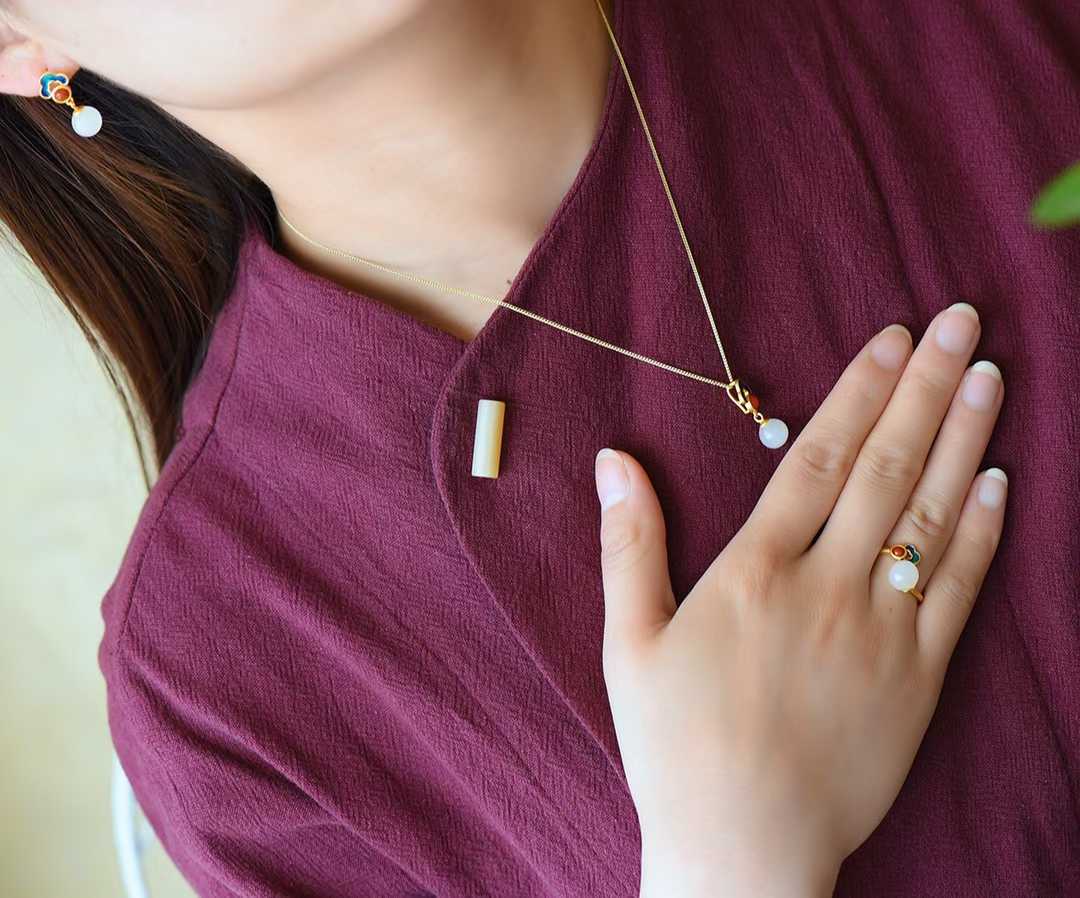 925 Silver Inlaid Hetian Nephrite 8mm White Jade Bead & Enamel Jewelry Set