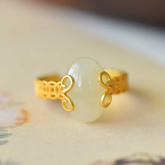 925 Silver Inlaid White Hetian Nephrite "Auspicious Copper Coin" Ring