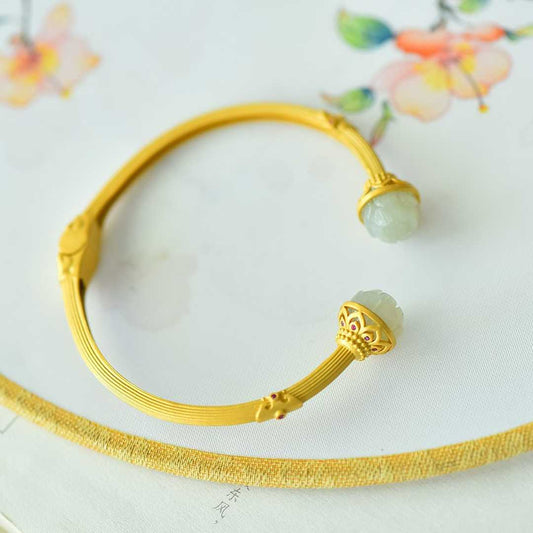 925 Silver Inlaid Hetian Nephrite "Small Lotus & Endless Luck" Bracelet