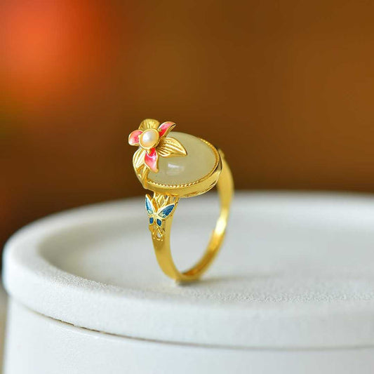 925 Silver Inlaid White Hetian Nephrite "Butterfly on Flower" Ring