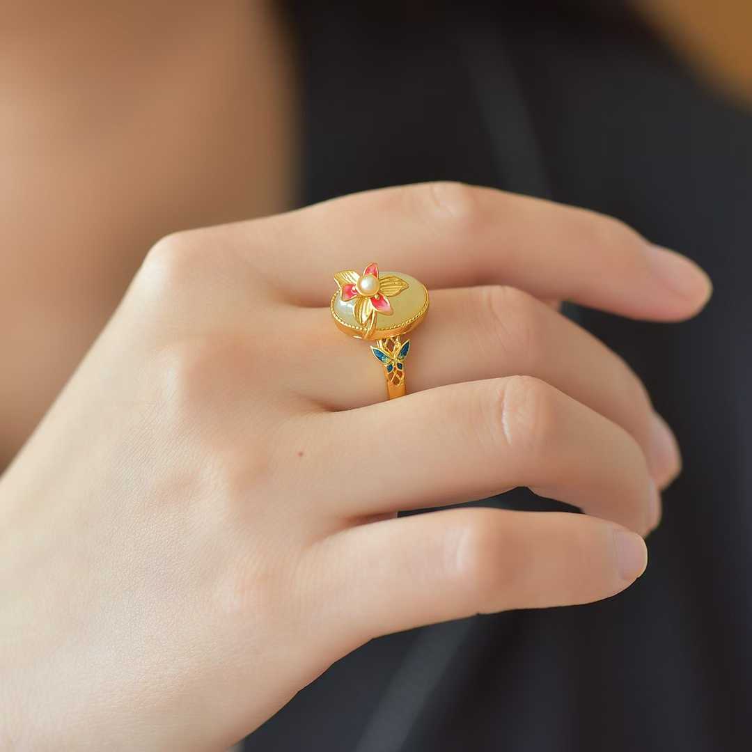 925 Silver Inlaid White Hetian Nephrite "Butterfly on Flower" Ring
