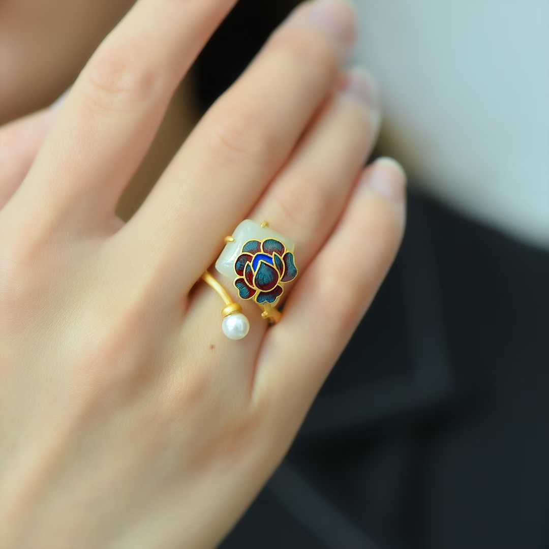 S925 Silver Inlaid Hetian Nephrite Peony Enamel Ring