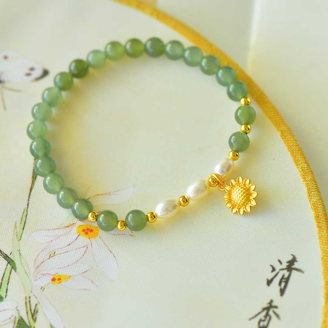 Hetian Nephrite (Sunny Water Material) Fortune-Turning Bead & Sunflower Bracelet