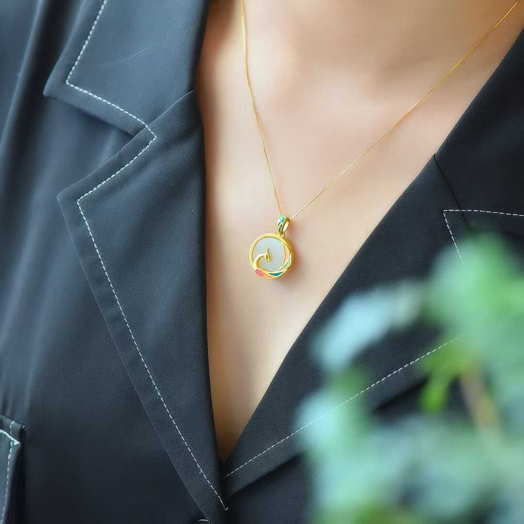 925 Silver Inlaid Nephrite "Phoenix Looking Back" Pendant
