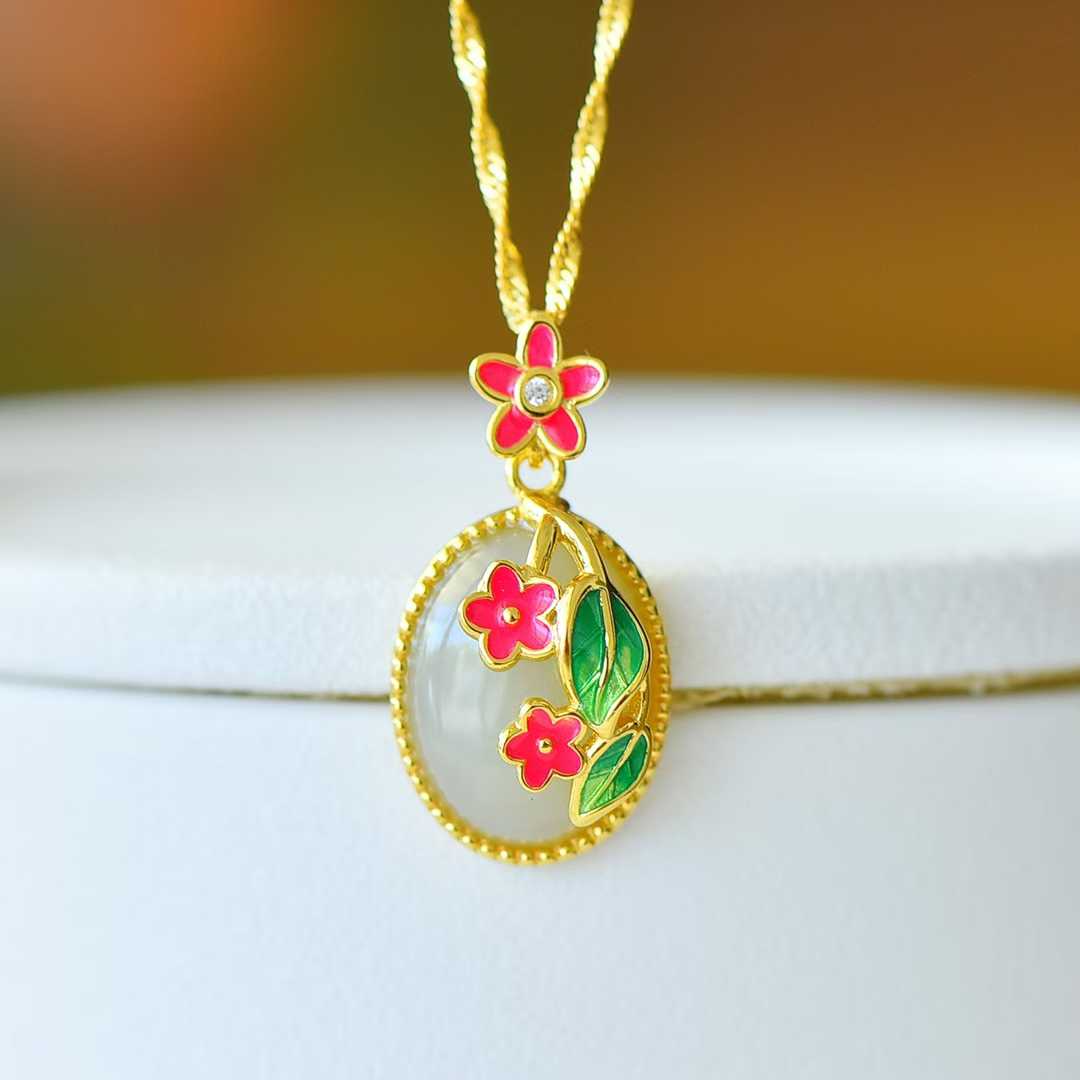 925 Silver Inlaid Nephrite "Blooms in Mid-Summer" Pendant