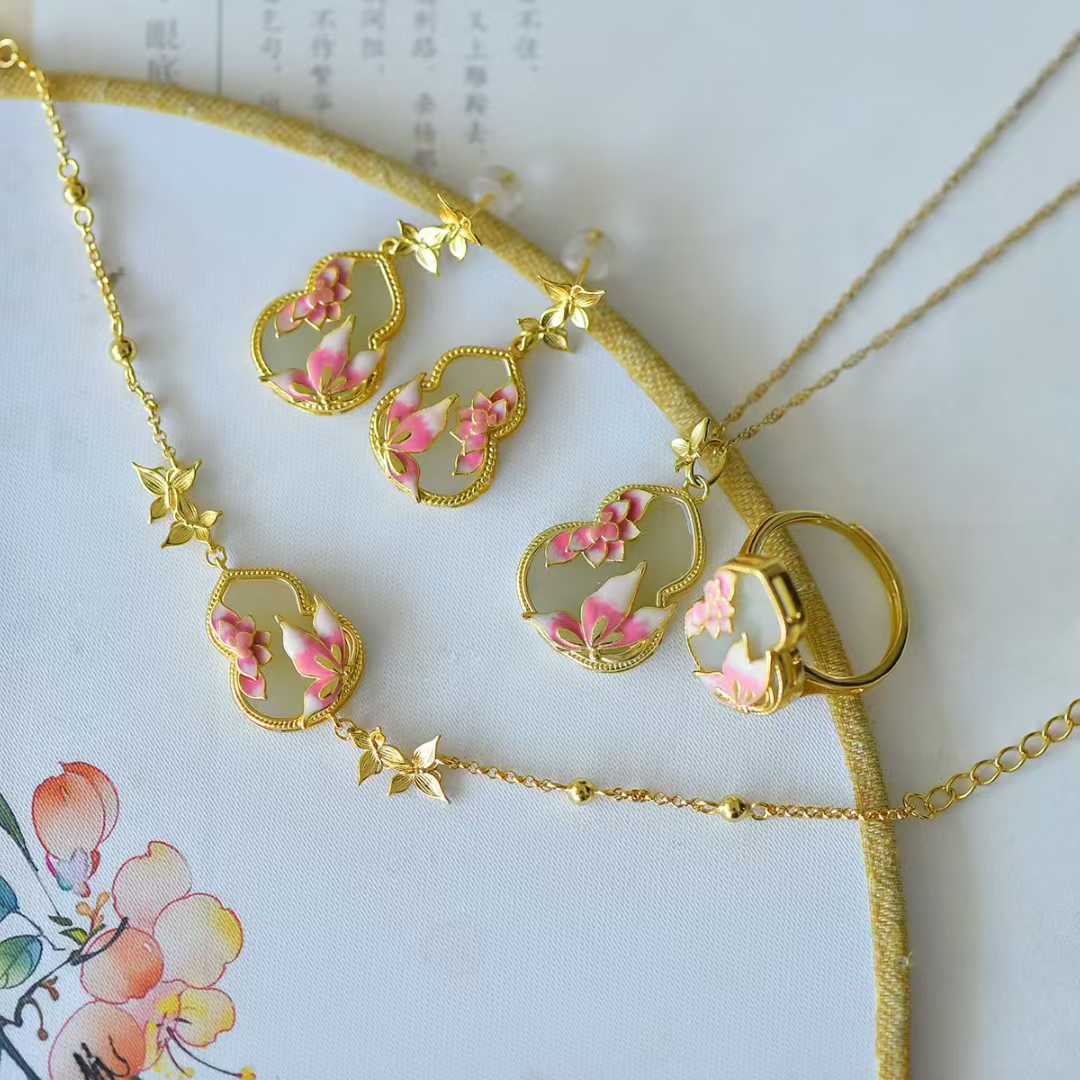 S925 Silver Inlaid Hetian Nephrite "Flat Gourd & Butterfly-on-Flower" Minimalist Elegance Jewelry Set