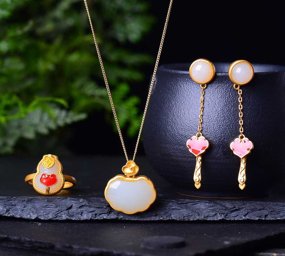 925 Silver Inlaid Hetian Nephrite Jewelry Set