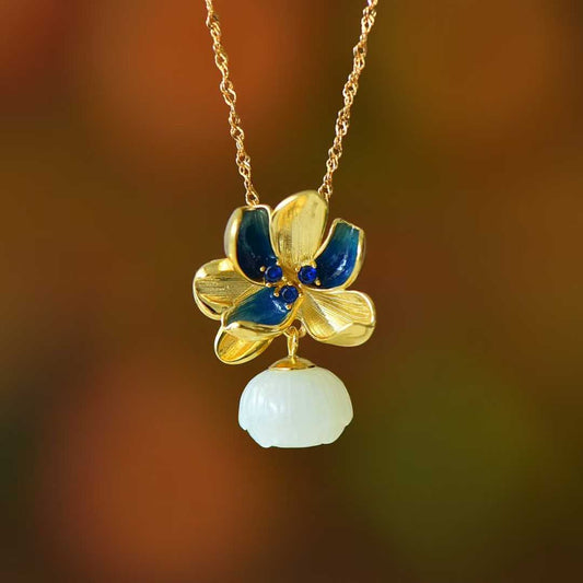 Ancient-Style Silver Inlaid Hetian Nephrite "Lotus & Annual Auspiciousness" Jewelry Set