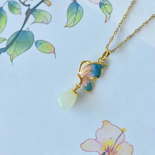 925 Silver Inlaid Hetian Nephrite Butterfly Pendant