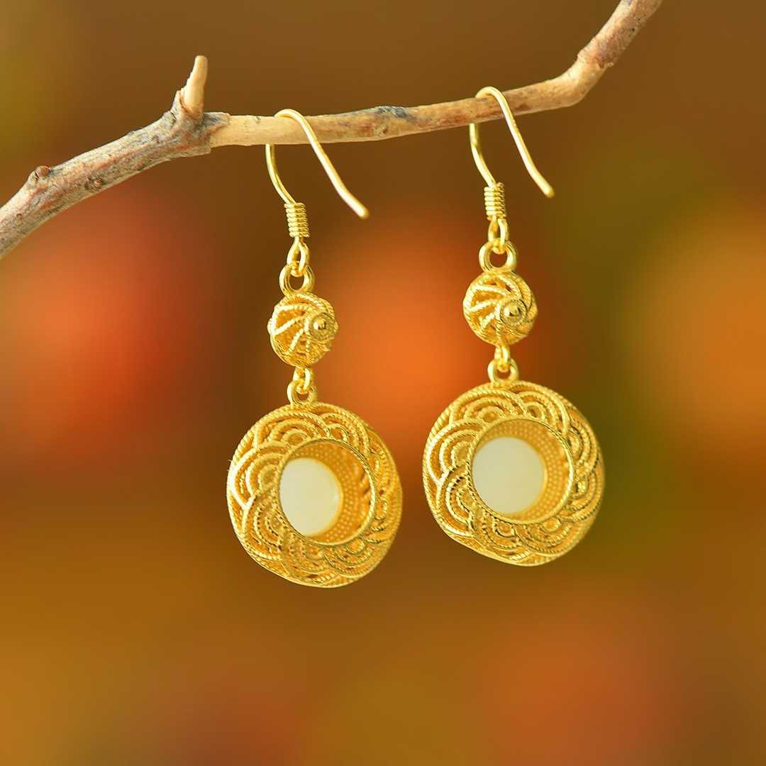925 Silver Inlaid Nephrite "Flowers Bloom in Prosperity" Earrings