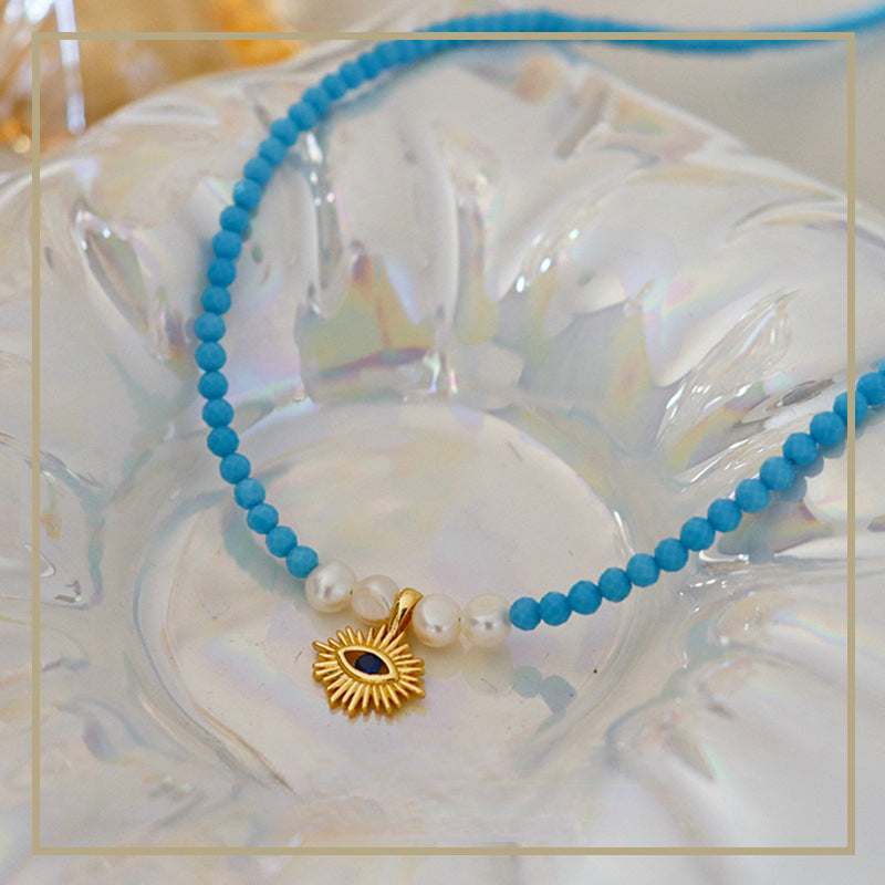 Ladies Vintage Evil Eye Natural Stone Pearl Necklace