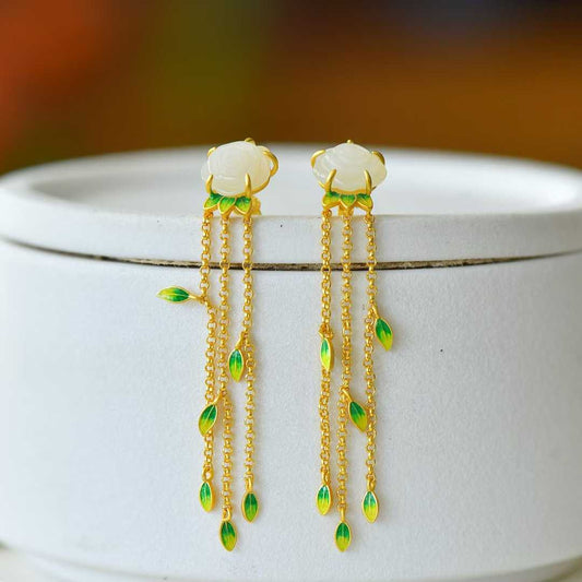 925 Silver Inlaid Enamel & Hetian Nephrite "Rose Tassel" Earrings